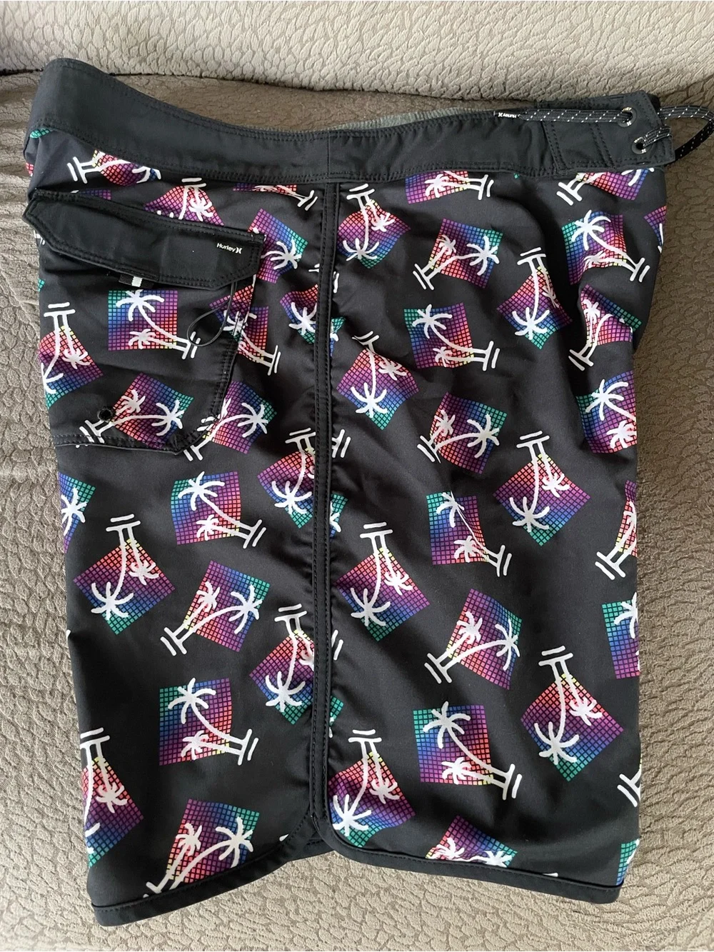 Black Palm Print Swim Trunks with Neon Accent